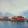 Old pier on calm sea painting